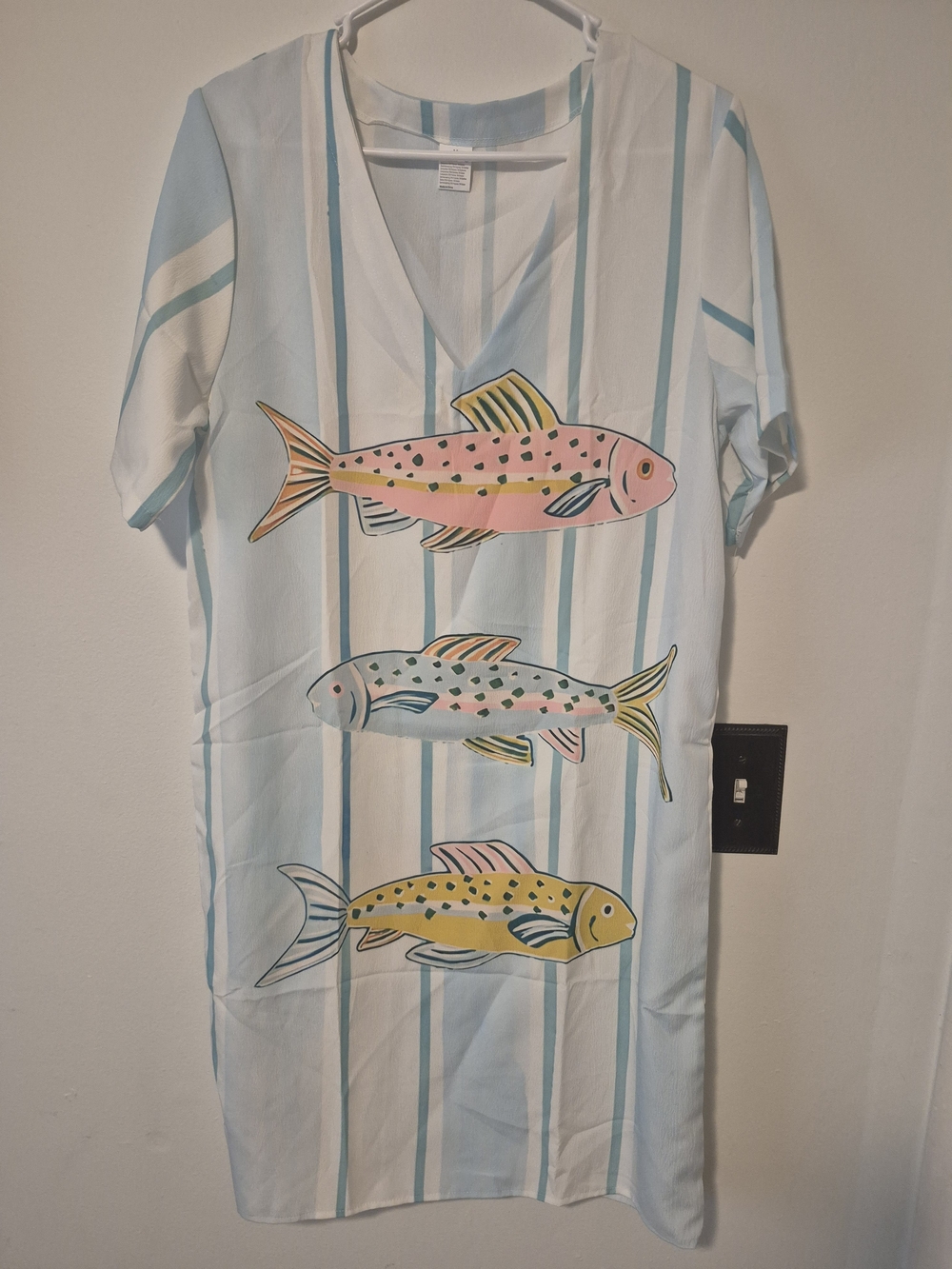 SHEIN Light Blue Striped Midi Dress with Pastel Fish